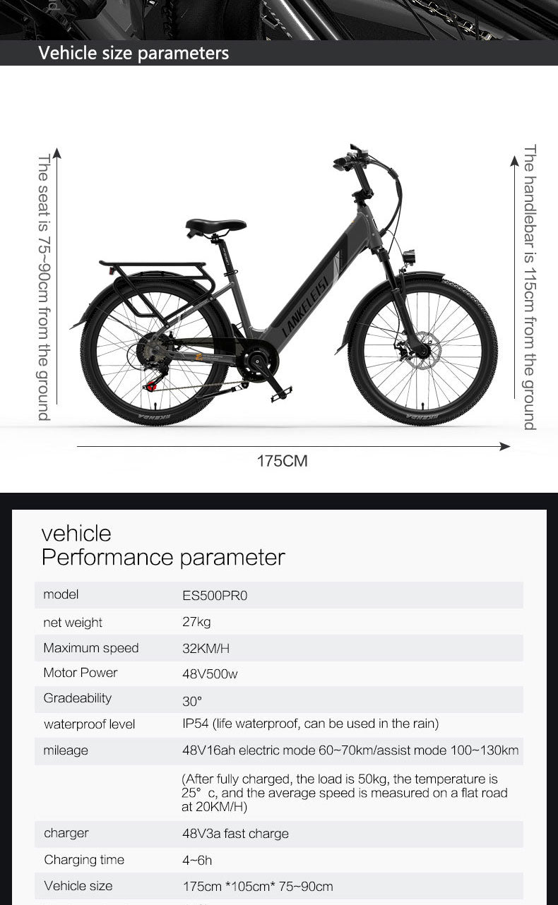 ES500 Pro 500W 48V 16Ah 130Km Endurance 24-дюймовый безщеточный мотор Bike Dual Disc Brakes 32km/h Max Speed City Bik