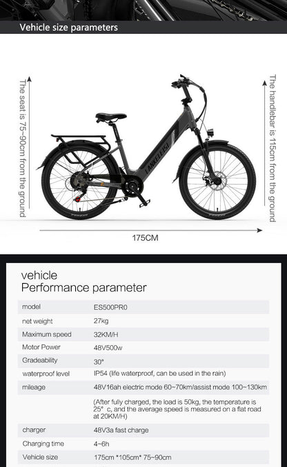 ES500 Pro 500W 48V 16Ah 130Km Endurance 24-дюймовый безщеточный мотор Bike Dual Disc Brakes 32km/h Max Speed City Bik