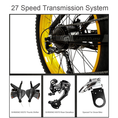 Lankeleisi T750plus 1000W 5-Grade Pedal Assist Power System Electric Fat Tire Bike, 26*4.0 Snow Tire Wheel, Both Disc Brake,Built-In Large Capacity Removable Battery,27 Speeds